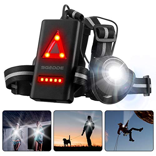 SGODDE Luz para Correr Running, Luz del pecho, Luz Led Frontal Correr con Recargables USB Impermeable, Lámpara 2 Modos 500 Lúmenes, con Cinta reflectante, Liviano, Cómodo e Ideal para Trotar, Competir