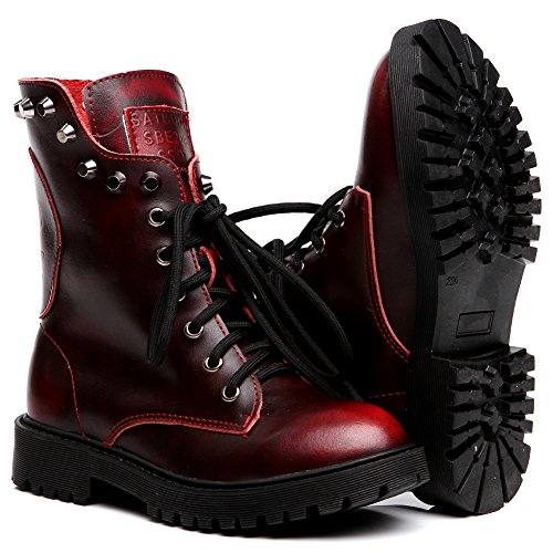 Shenn Mujer Cráneo Punk Remache Media Pierna Tacón Grueso Motocicleta Botas De Motociclista (Borgoña, EU39)