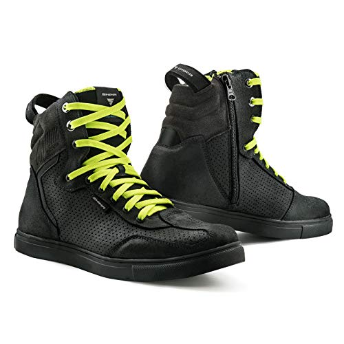 SHIMA Rebel WP, Impermeables Zapatos Moto Hombre | Transpirables, Reforzados Zapatos Moto de Cuero, Soporte para el Tobillo, Suela Antideslizante, Mango de Cambio de Marchas (Negro, 42 eu)