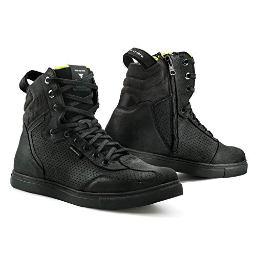 SHIMA Rebel WP, Impermeables Zapatos Moto Hombre | Transpirables, Reforzados Zapatos Moto de Cuero, Soporte para el Tobillo, Suela Antideslizante, Mango de Cambio de Marchas (Negro, 42 eu)