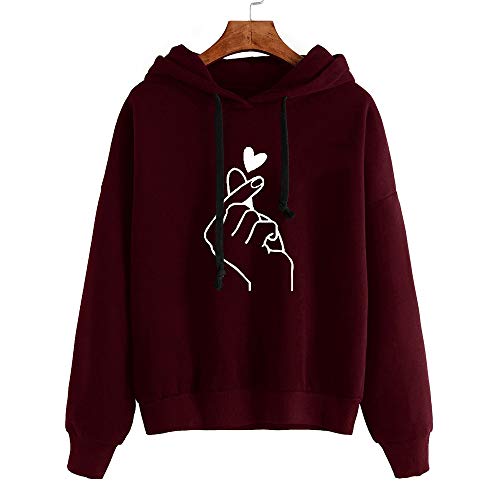 SHOBDW Liquidación Mujeres Señoras Sólidas Ocasionales Lindo Suave Elegante Cuerda Sudadera con Capucha Pullover Top Blusa Sudadera con Capucha de Manga Larga (Vino Rojo,S)