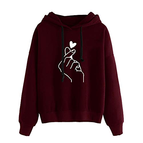 SHOBDW Liquidación Mujeres Señoras Sólidas Ocasionales Lindo Suave Elegante Cuerda Sudadera con Capucha Pullover Top Blusa Sudadera con Capucha de Manga Larga (Vino Rojo,S)
