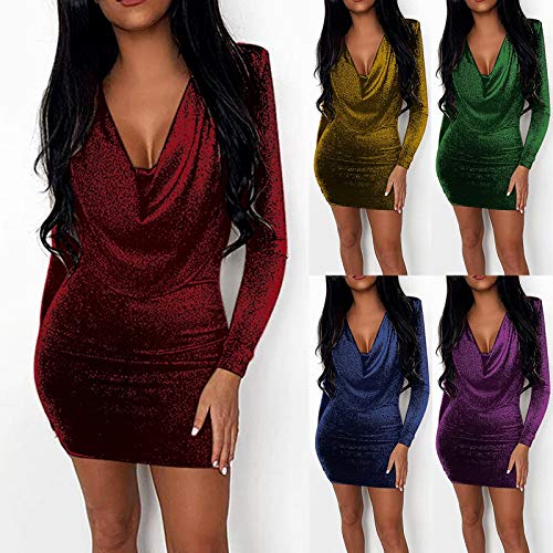 SHOBDW Mujeres de Manga Larga sólido Arco Casual Bolsillo Elegante Verano Ladies Club Fiesta de Noche Mini Vestido(Verde,S)