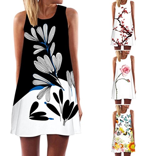 SHOBDW Vestido Corto sin Mangas con Estampado de Playa de Verano sin Mangas de la impresión del Verano Boho de Las Mujeres Boho (3XL, Blanco-8)