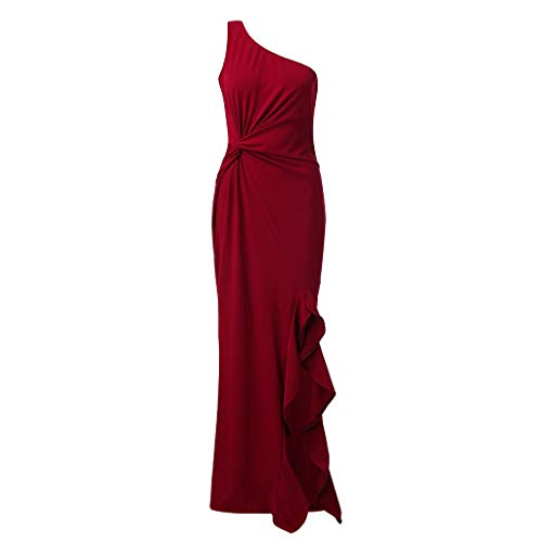 SHOBDW Vestidos Mujer Día De San Valentín Presente SóLido Un Hombro Vestido De Fiesta De Noche Formal Elegante con Pliegues Altos con Volantes De Hendidura Elegante Maxi Vestidos Largos(Rojo,S)