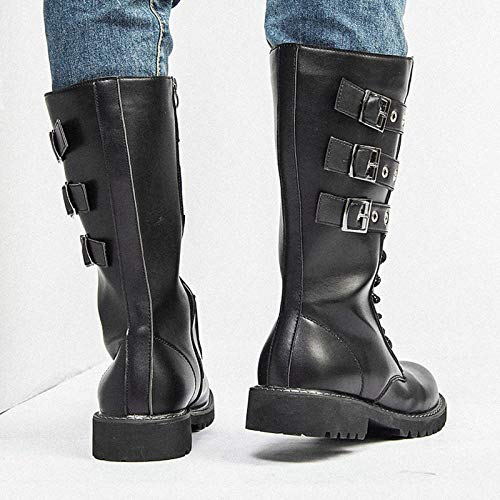 shoe Botas Martin de Cuero para Hombres, Botas de Combate Punk Antideslizantes para Exteriores, Botas de Motocicleta de caña Alta con Hebilla con Cordones Informales Negros