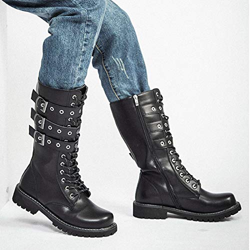 shoe Botas Martin de Cuero para Hombres, Botas de Combate Punk Antideslizantes para Exteriores, Botas de Motocicleta de caña Alta con Hebilla con Cordones Informales Negros
