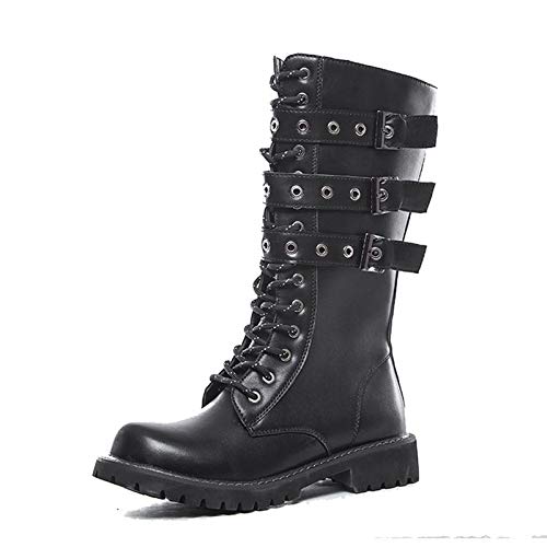 shoe Botas Martin de Cuero para Hombres, Botas de Combate Punk Antideslizantes para Exteriores, Botas de Motocicleta de caña Alta con Hebilla con Cordones Informales Negros