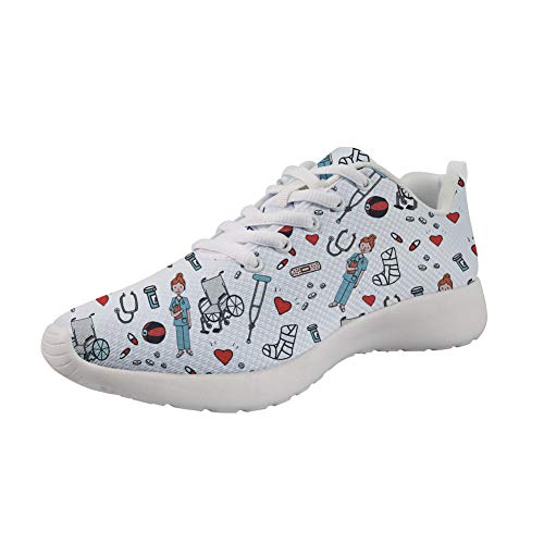 Showudesigns Zapatillas de Running para Mujer Enfermero Corazón Modelo Zapatillas Mujer Deporte Running Zapatos para Correr Gimnasio Sneakers Deportivas Transpirables Casual Blanco