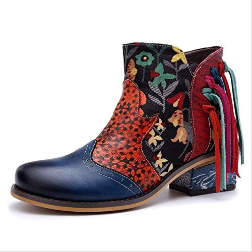 SHZSMHD Nuevos Botines de Flores Bordados Vintage Zapatos de Mujer Mujer Cremallera de Empalme de Cuero Genuino Botas de Mujer Casuales 9.5 Multi