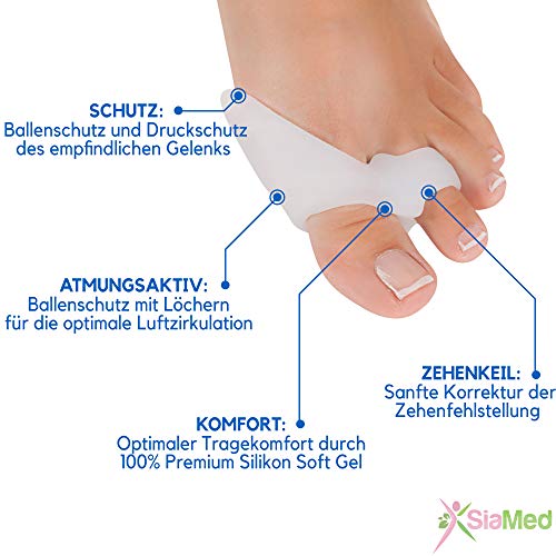 SiaMed 4x Separadores de Dedos del Pie de Gel para Hallux Valgus - Hammer Tratamiento de los Dedos del Pie - Alivio de la Dolor en el Pie - Super suave, cómodo y duradero - BPA Free