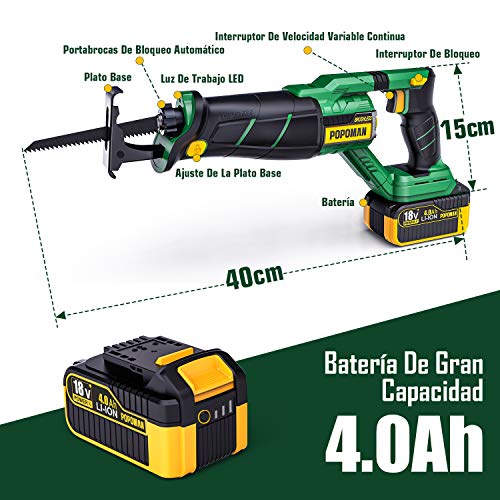 Sierras sable 18V brushless, POPOMAN Sierra Sable sin cables batería de 4.0Ah, velocidad 0-2500 SPM, con LED, carrera de corte 28 mm, 2 cuchillas para cortes sofisticados y diferentes materiales.