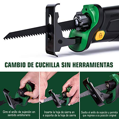 Sierras sable 18V brushless, POPOMAN Sierra Sable sin cables batería de 4.0Ah, velocidad 0-2500 SPM, con LED, carrera de corte 28 mm, 2 cuchillas para cortes sofisticados y diferentes materiales.