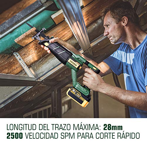 Sierras sable 18V brushless, POPOMAN Sierra Sable sin cables batería de 4.0Ah, velocidad 0-2500 SPM, con LED, carrera de corte 28 mm, 2 cuchillas para cortes sofisticados y diferentes materiales.