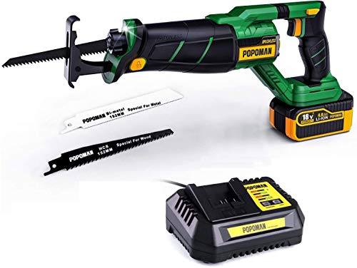 Sierras sable 18V brushless, POPOMAN Sierra Sable sin cables batería de 4.0Ah, velocidad 0-2500 SPM, con LED, carrera de corte 28 mm, 2 cuchillas para cortes sofisticados y diferentes materiales.