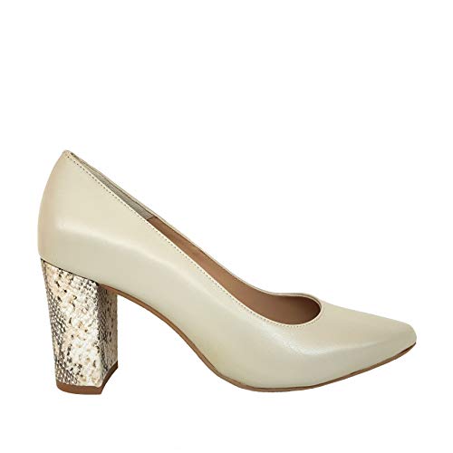 Siggy - Salones Zapatos para Mujer en Piel Color Nude Marfil con Serpiente - Punta Fina y Tacon Ancho de 7 cm - Forro de Piel - Moda Tacones Elegantes - Tendencia Animal Print - Beige 39 EU