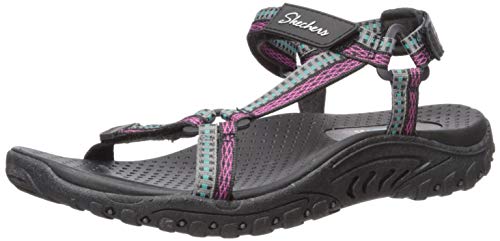 Skechers Reggae-Dub Fest, Sandalias de Punta Descubierta Mujer, Negro (BLK Black, Teal & Pink Webbing), 38 EU