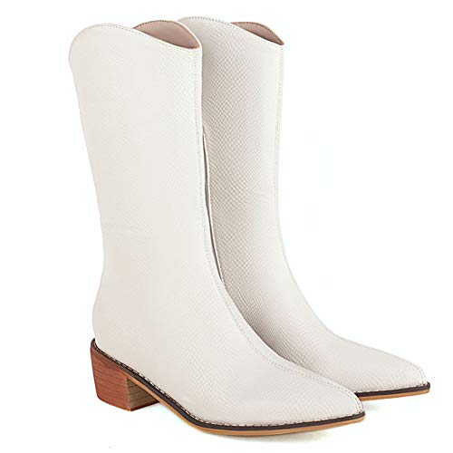 Slenderer Tacón Medio Western Botas Mid Calf Mujer Pull On Cowboy Botas Wide Calf Puntiagudo Biker Botas Snake Print White Numero 36