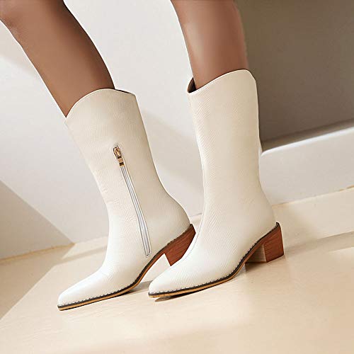 Slenderer Tacón Medio Western Botas Mid Calf Mujer Pull On Cowboy Botas Wide Calf Puntiagudo Biker Botas Snake Print White Numero 36