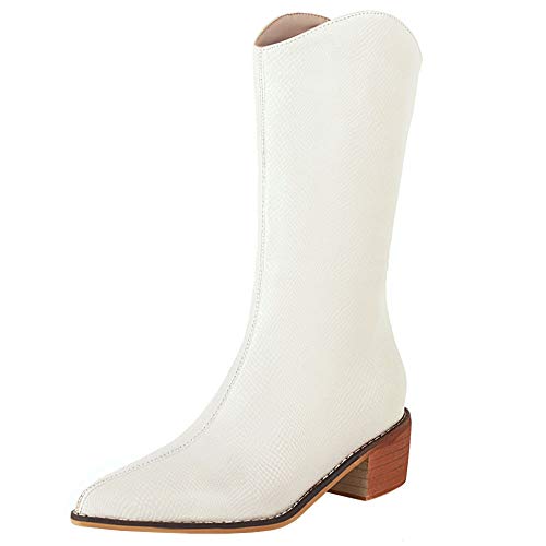 Slenderer Tacón Medio Western Botas Mid Calf Mujer Pull On Cowboy Botas Wide Calf Puntiagudo Biker Botas Snake Print White Numero 36