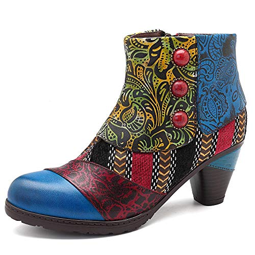 SOCOFY Bohemian Splicing Pattern Button Zipper Ankle Leather Boots  Dark Blue / 6