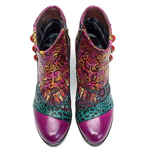 Socofy Botines De Cuero, Zapatos De Invierno De Cuero para Mujeres Botas Oxford Ocasionales Botines Cálidos con Botas De Bohemia Zapatos De Tacón De Cuero con Tacón