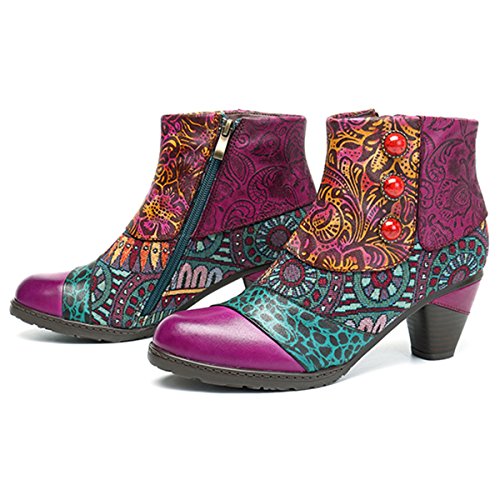 Socofy Botines De Cuero, Zapatos De Invierno De Cuero para Mujeres Botas Oxford Ocasionales Botines Cálidos con Botas De Bohemia Zapatos De Tacón De Cuero con Tacón