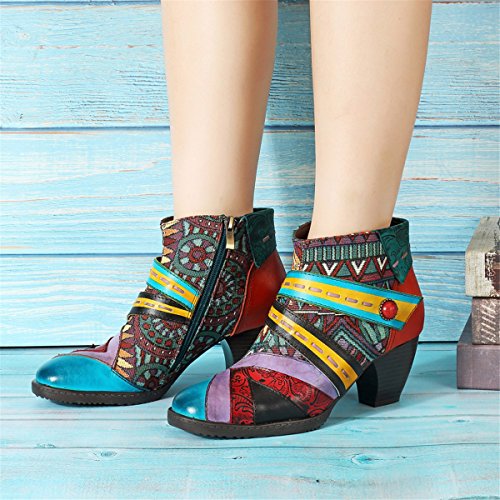 Socofy Botines de Cuero, Zapatos de Invierno de Cuero para Mujeres Botas Oxford Ocasionales Botines cálidos con Botas de Bohemia Zapatos de tacón de Cuero con tacón