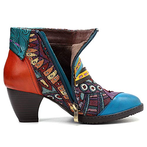 Socofy Botines de Cuero, Zapatos de Invierno de Cuero para Mujeres Botas Oxford Ocasionales Botines cálidos con Botas de Bohemia Zapatos de tacón de Cuero con tacón