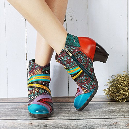 Socofy Botines de Cuero, Zapatos de Invierno de Cuero para Mujeres Botas Oxford Ocasionales Botines cálidos con Botas de Bohemia Zapatos de tacón de Cuero con tacón