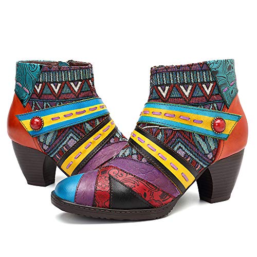 Socofy Botines de Cuero, Zapatos de Invierno de Cuero para Mujeres Botas Oxford Ocasionales Botines cálidos con Botas de Bohemia Zapatos de tacón de Cuero con tacón