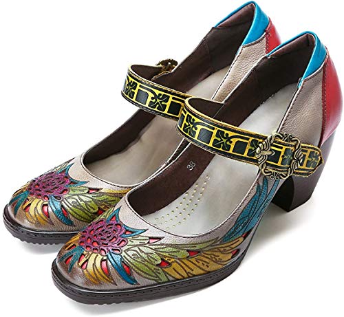 Socofy Cuero Zapatos de tacón Medio, Merceditas Tacónes Fabricados a Mano en Piel Genuina para su Total Confort y Comodidad, Modelo con Cierre de Hebilla con un diseño Elegante y Moderno a la Vez