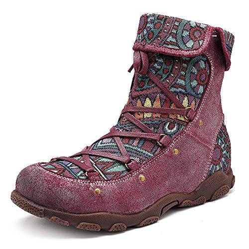 SOCOFY Genuine Leather Splicing Jacquard Pattern Zipper Ankle Boots Wine Red / 6