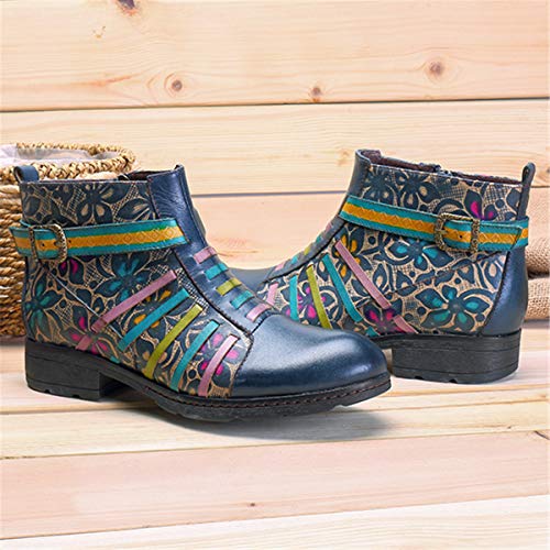 Socofy Invierno Mujer Botas de Nieve Cuero Botines Zapatos de Mujer 2019 Botas Retro Moda Casual Cremallera Lateral Zapatos Boots Ocasional Anti Deslizante Zapatos de Invierno Al Aire Libre