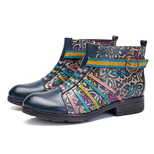 Socofy Invierno Mujer Botas de Nieve Cuero Botines Zapatos de Mujer 2019 Botas Retro Moda Casual Cremallera Lateral Zapatos Boots Ocasional Anti Deslizante Zapatos de Invierno Al Aire Libre