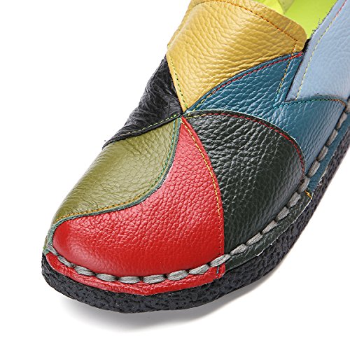 Socofy Mocasines Zapatos De Mujer De Cuero, Verano Primavera Plano Fabricados a Mano Zapatos con Tamaño 36-42 Verde Amarillo Elegante Estilo Bohemia Cómodo Redondo Cabeza Zapatillas Zapatos De Barco