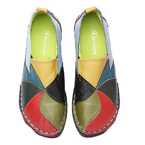 Socofy Mocasines Zapatos De Mujer De Cuero, Verano Primavera Plano Fabricados a Mano Zapatos con Tamaño 36-42 Verde Amarillo Elegante Estilo Bohemia Cómodo Redondo Cabeza Zapatillas Zapatos De Barco