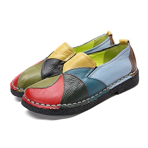 Socofy Mocasines Zapatos De Mujer De Cuero, Verano Primavera Plano Fabricados a Mano Zapatos con Tamaño 36-42 Verde Amarillo Elegante Estilo Bohemia Cómodo Redondo Cabeza Zapatillas Zapatos De Barco