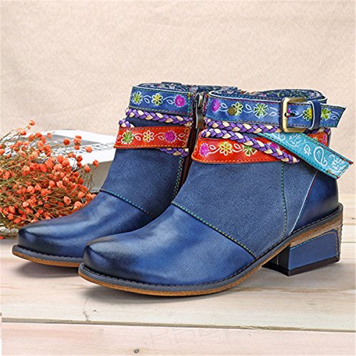 Socofy Mujer Botines de Trabajo en Piel Genuina Zapatos de Trabajo Mocasines de Primavera Flores Botas Casuales Botín bajo con Cremallera Mujer Martin Boots Zapatos de Mujer Hechos a Mano