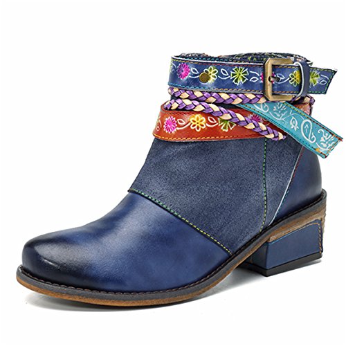 Socofy Mujer Botines de Trabajo en Piel Genuina Zapatos de Trabajo Mocasines de Primavera Flores Botas Casuales Botín bajo con Cremallera Mujer Martin Boots Zapatos de Mujer Hechos a Mano