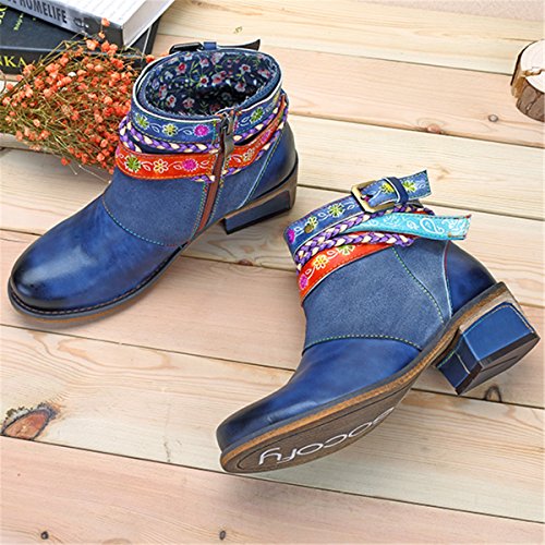 Socofy Mujer Botines de Trabajo en Piel Genuina Zapatos de Trabajo Mocasines de Primavera Flores Botas Casuales Botín bajo con Cremallera Mujer Martin Boots Zapatos de Mujer Hechos a Mano