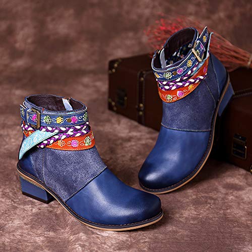 Socofy Mujer Botines de Trabajo en Piel Genuina Zapatos de Trabajo Mocasines de Primavera Flores Botas Casuales Botín bajo con Cremallera Mujer Martin Boots Zapatos de Mujer Hechos a Mano
