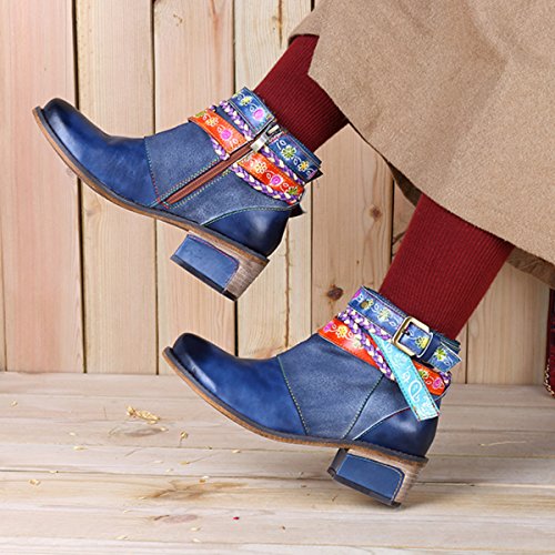 Socofy Mujer Botines de Trabajo en Piel Genuina Zapatos de Trabajo Mocasines de Primavera Flores Botas Casuales Botín bajo con Cremallera Mujer Martin Boots Zapatos de Mujer Hechos a Mano