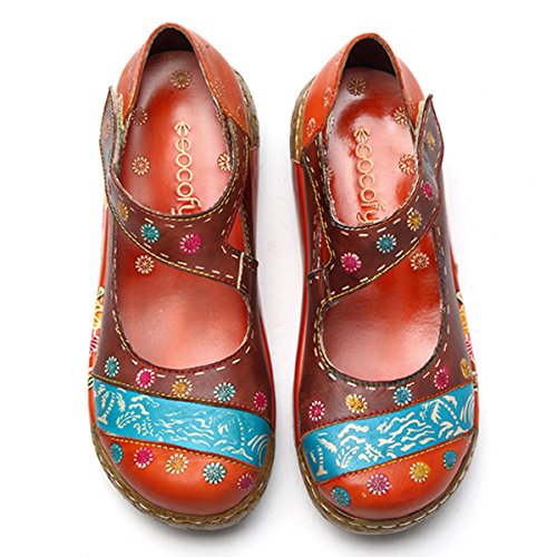 Socofy Sandalias de Mujer, Zapatos Merceditas para Mujer de cuña de Flores Coloridas Zapatos de Cuero de la Vendimia Plataforma Slip-On Sandal Danza de Ballet Mocasines Casuales Oxford Zapatos
