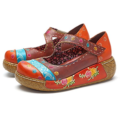 Socofy Sandalias de Mujer, Zapatos Merceditas para Mujer de cuña de Flores Coloridas Zapatos de Cuero de la Vendimia Plataforma Slip-On Sandal Danza de Ballet Mocasines Casuales Oxford Zapatos
