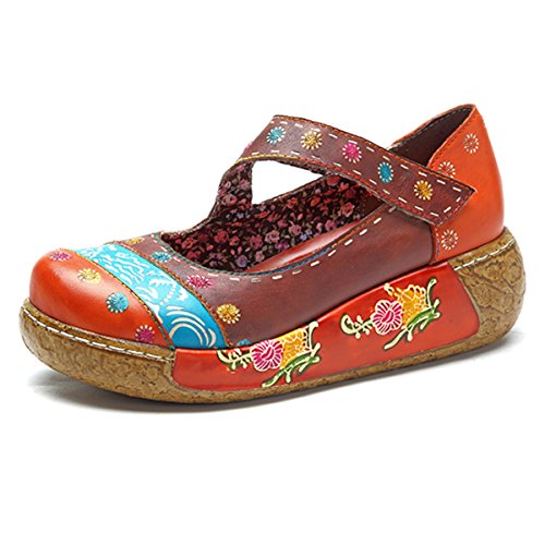 Socofy Sandalias de Mujer, Zapatos Merceditas para Mujer de cuña de Flores Coloridas Zapatos de Cuero de la Vendimia Plataforma Slip-On Sandal Danza de Ballet Mocasines Casuales Oxford Zapatos