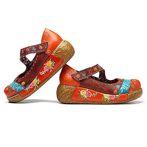 Socofy Sandalias de Mujer, Zapatos Merceditas para Mujer de cuña de Flores Coloridas Zapatos de Cuero de la Vendimia Plataforma Slip-On Sandal Danza de Ballet Mocasines Casuales Oxford Zapatos