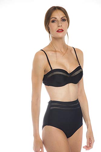 SOL Y PLAYA - Conjunto Bikini triangulo Halter Bandeau Push up con aro Braga Alta diseño Sexy Efecto Transparencias Moderno para Mujer Chica señora (42 - L, Negro)
