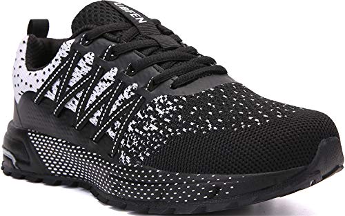 SOLLOMENSI Zapatillas de Deporte Hombres Mujer Running Zapatos para Correr Gimnasio Sneakers Deportivas Padel Transpirables Casual Montaña 44 EU H Negro Blanco