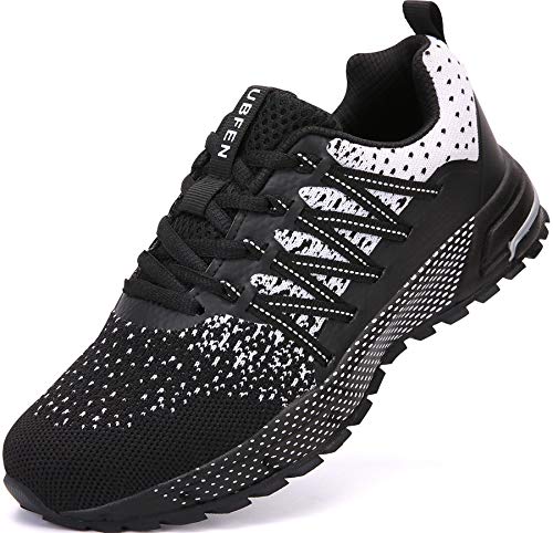 SOLLOMENSI Zapatillas de Deporte Hombres Mujer Running Zapatos para Correr Gimnasio Sneakers Deportivas Padel Transpirables Casual Montaña 44 EU H Negro Blanco